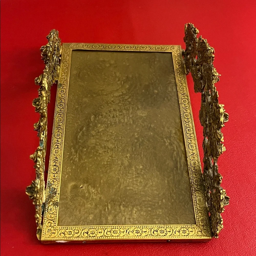 Vintage guest towel holder, flowers Elegant Gold Floral Vanity Tray 7.60”L 5”W